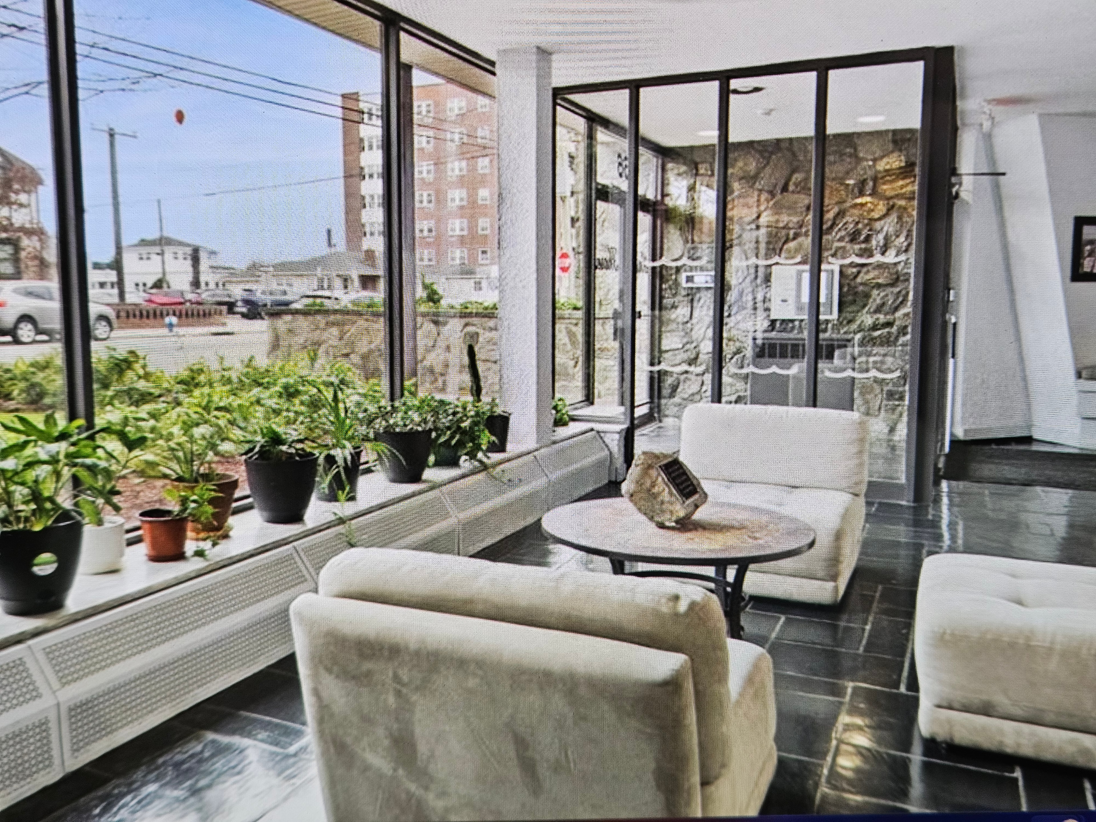 Lobby lounge with stone accents